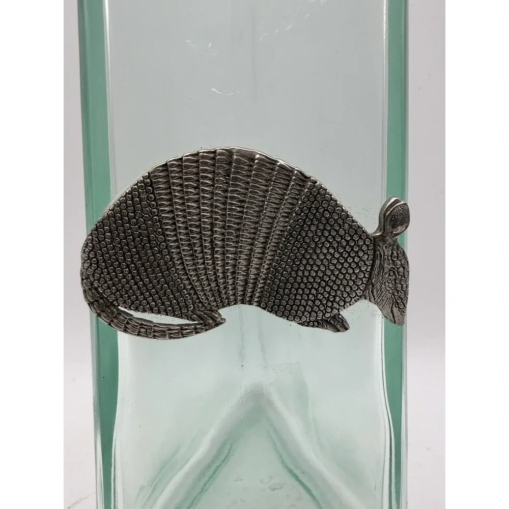 Vintage Armadillo Pewter Overlay Green Glass Decanter Bottle Stopper Barware